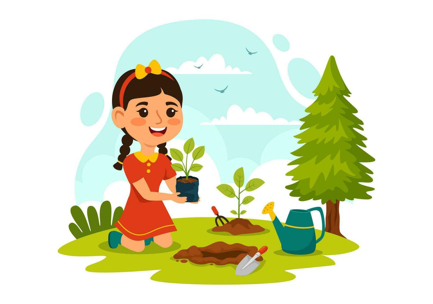 plantio plantas vetor ilustração com pessoas apreciar jardinagem, plantar, rega ou escavação dentro a jardim dentro plano crianças desenho animado fundo Projeto