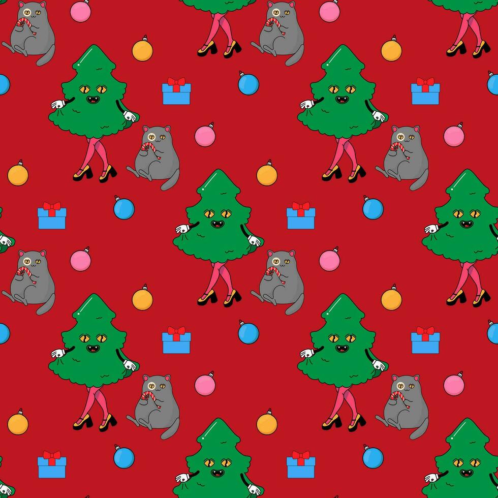 gato e Natal árvore, eco cacto Novo ano. vetor