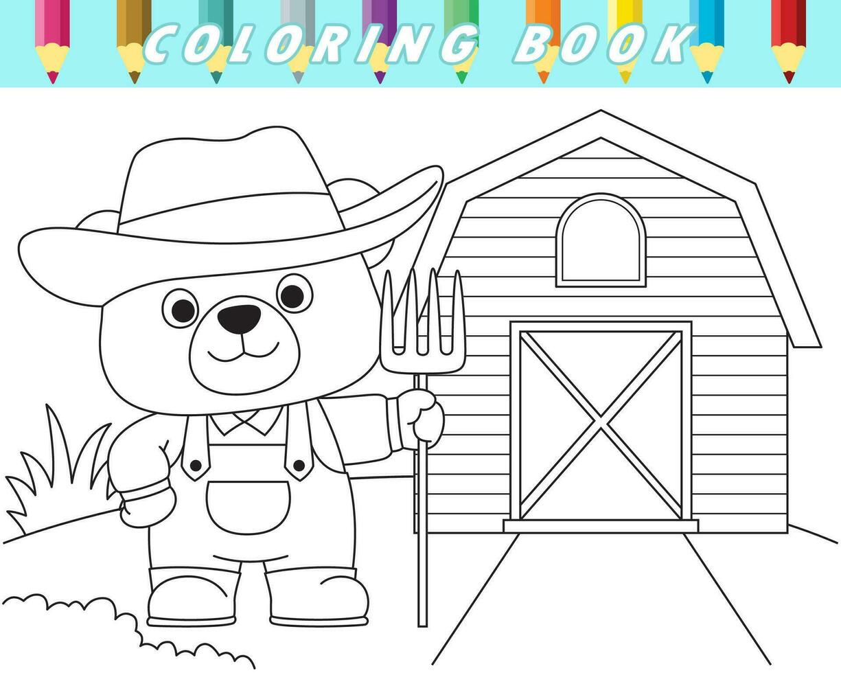 coloração livro do fofa Urso segurando forcado em celeiro fundo dentro Fazenda campo. vetor desenho animado ilustração