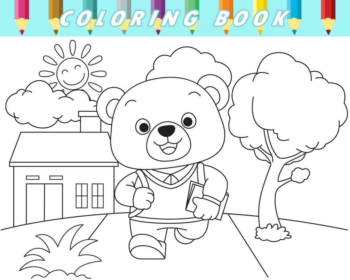 coloração livro para crianças, fofa Urso indo para escola a partir de casa dentro a manhã. vetor desenho animado ilustração