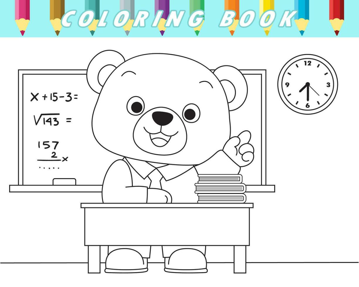 coloração livro para crianças, fofa Urso de pelúcia Urso dentro sala de aula. vetor desenho animado ilustração