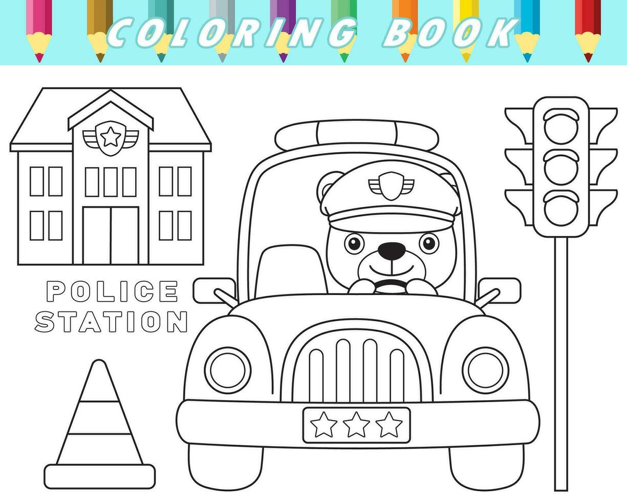 coloração livro do fofa Urso policial em polícia carro com tráfego elemento. vetor desenho animado ilustração