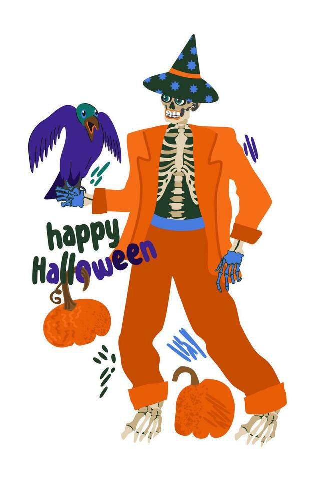 feliz dia das Bruxas. feriado conceito. esqueleto dentro brilhante laranja traje com Raven e abóboras. vetor isolado ilustração com letras