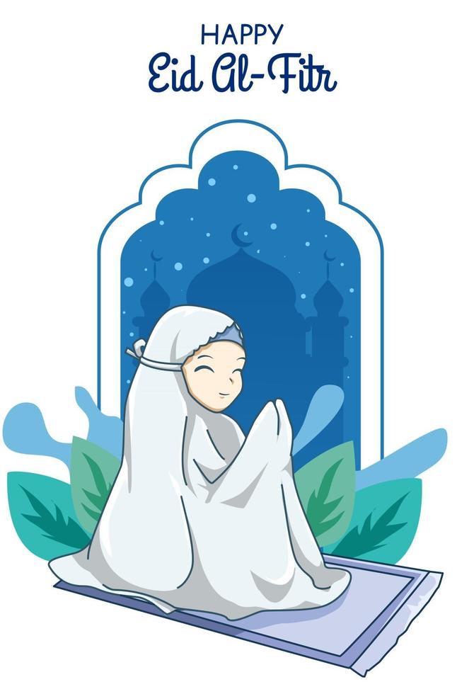 menina muçulmana rezando na ilustração dos desenhos animados de mubarak vetor