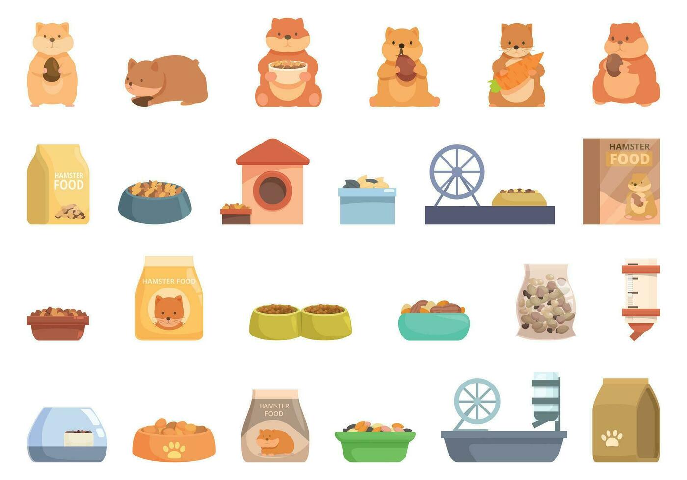 hamster Comida ícones conjunto desenho animado vetor. casa saco vetor