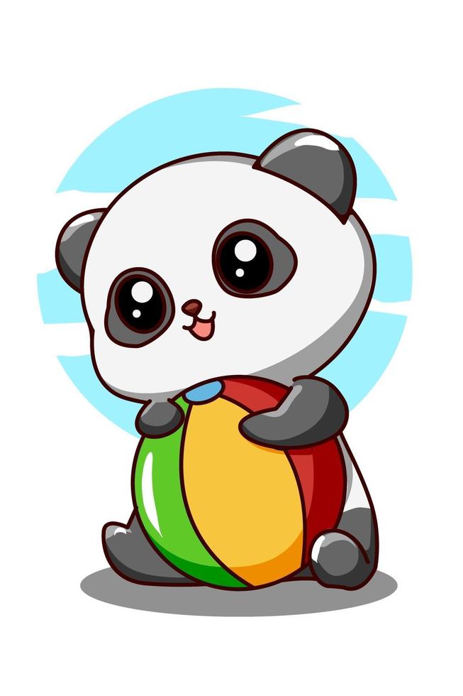 Pequeno panda fofo com bola na ilustração dos desenhos animados das férias de verão vetor