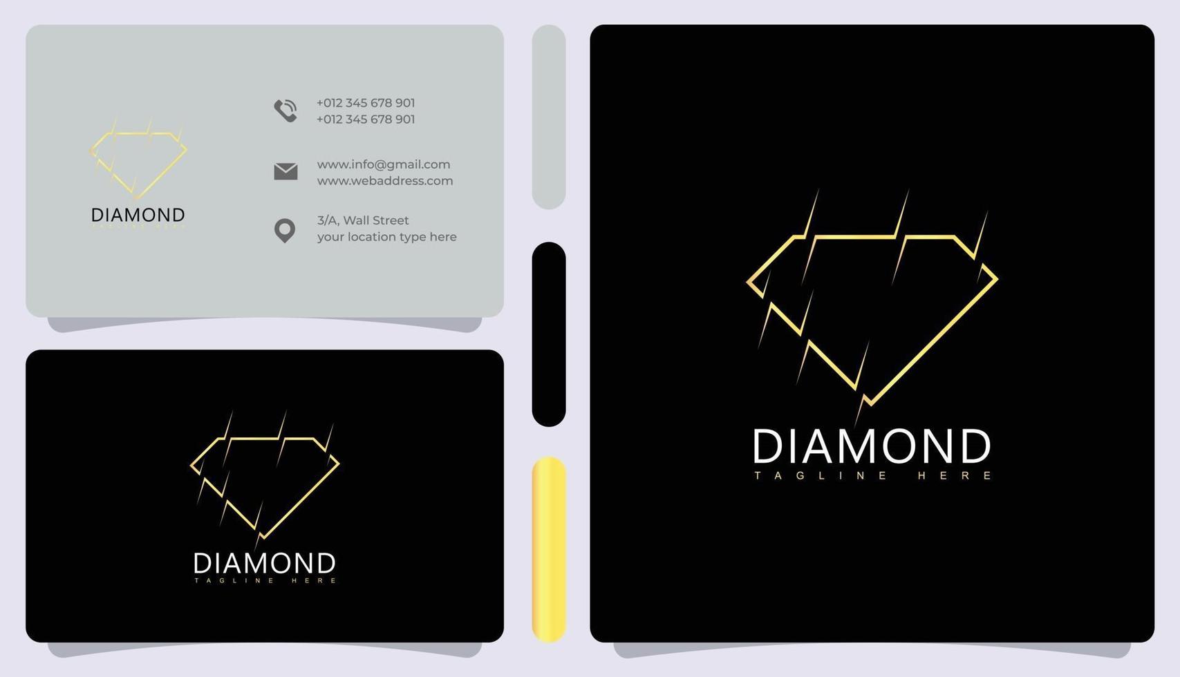 logotipo de diamante dourado de luxo e cartão de visita vetor