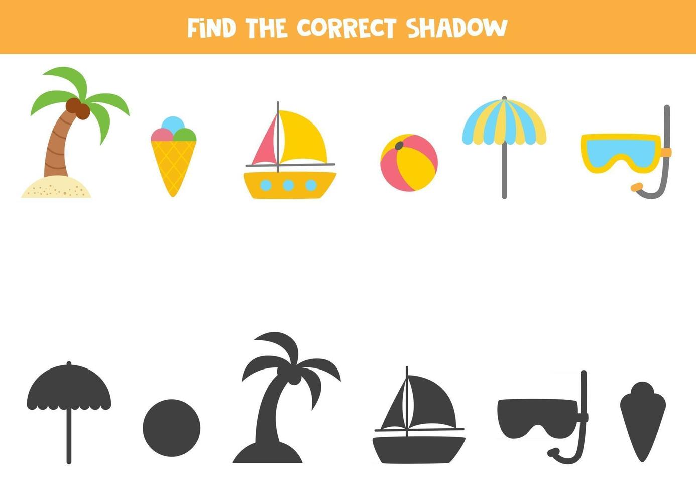 encontre as sombras corretas dos itens de verão. quebra-cabeça lógico para crianças. vetor