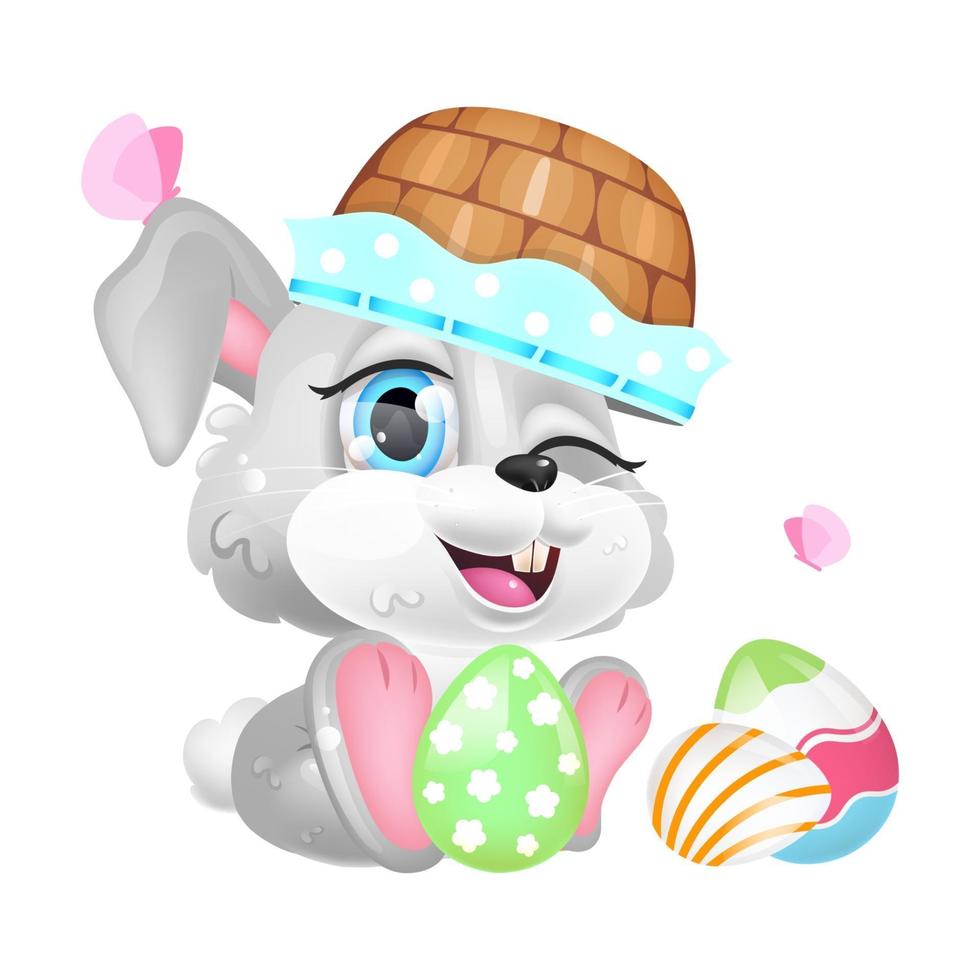 coelho da Páscoa fofo com cesta na cabeça personagem de desenho animado kawaii vetor