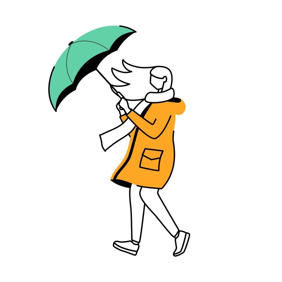 mulher com capa de chuva ilustração vetorial de contorno plano vetor