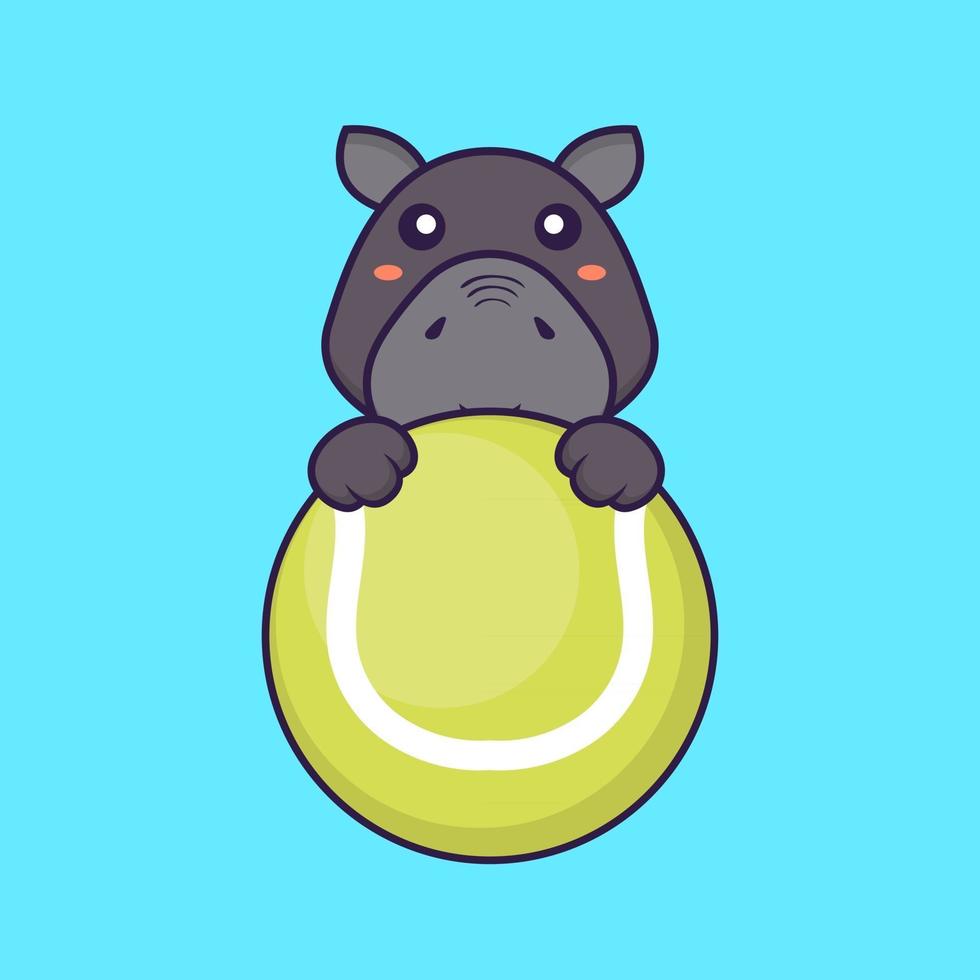 hipopótamo fofo jogando tênis. conceito de desenho animado animal. vetor