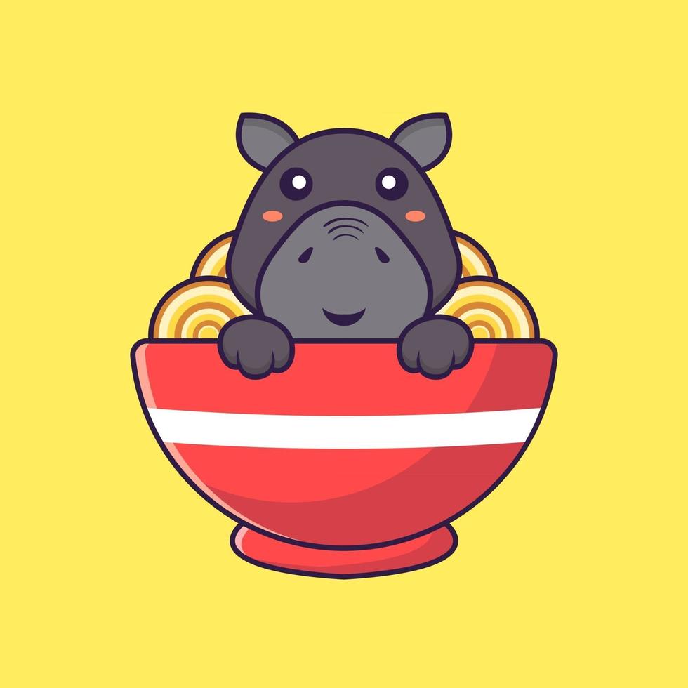hipopótamo fofo comendo macarrão ramen. conceito de desenho animado animal. vetor