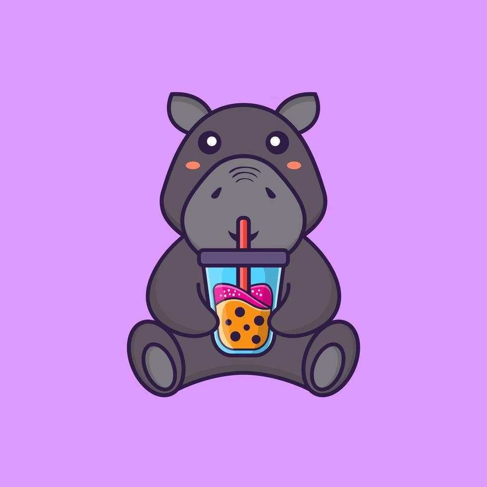 hipopótamo fofo bebendo chá com leite de boba. conceito de desenho animado animal. vetor