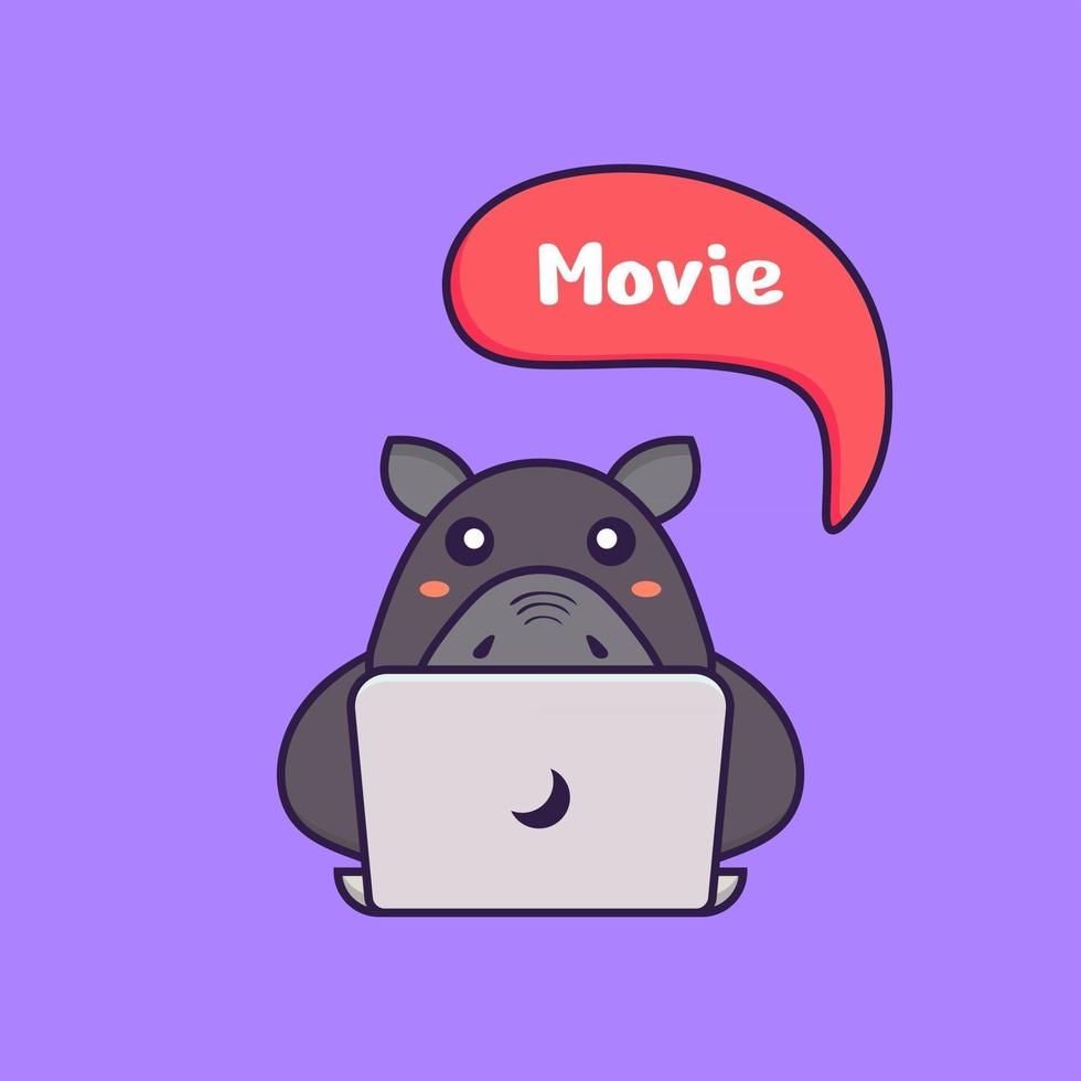 hipopótamo fofo está assistindo a um filme. conceito de desenho animado animal. vetor