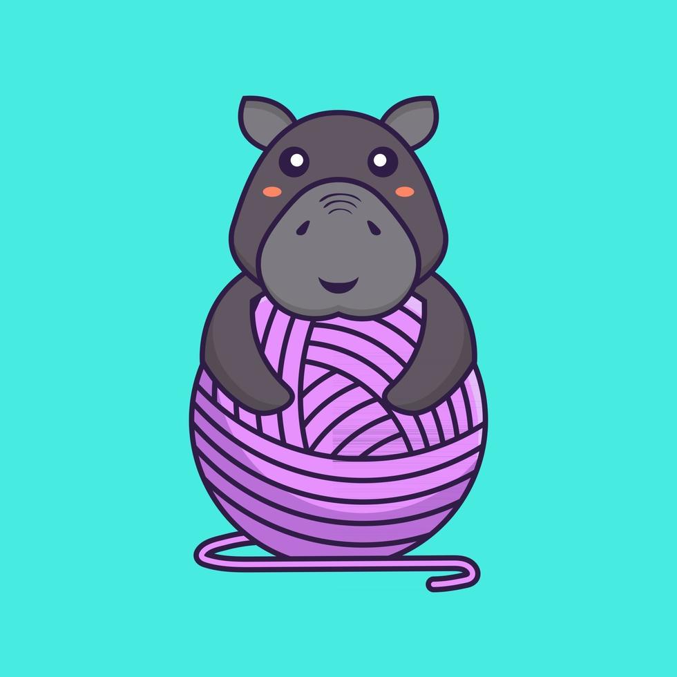 hipopótamo fofo brincando com fios de lã. conceito de desenho animado animal. vetor
