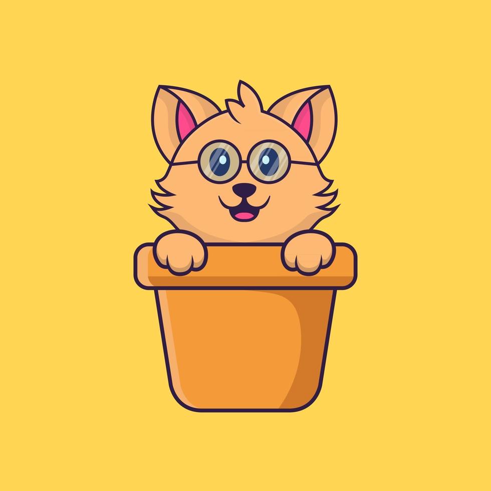 gato bonito em um vaso de flores. vetor