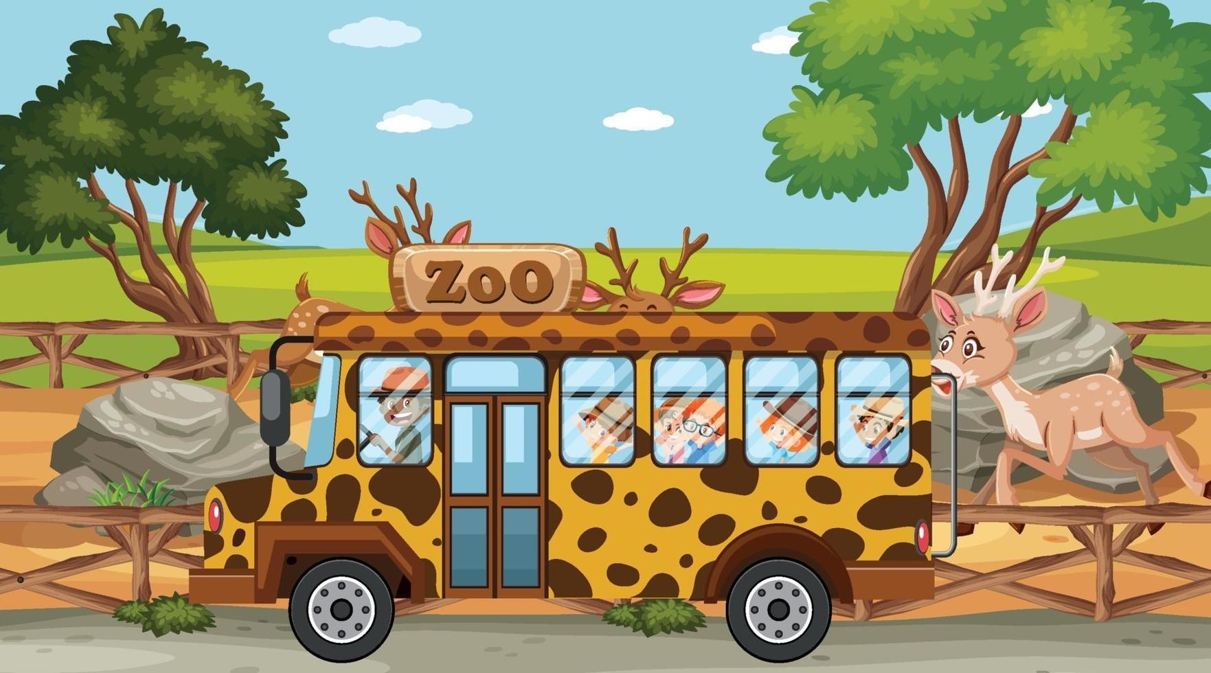 cena do zoológico com crianças no ônibus passeando vetor