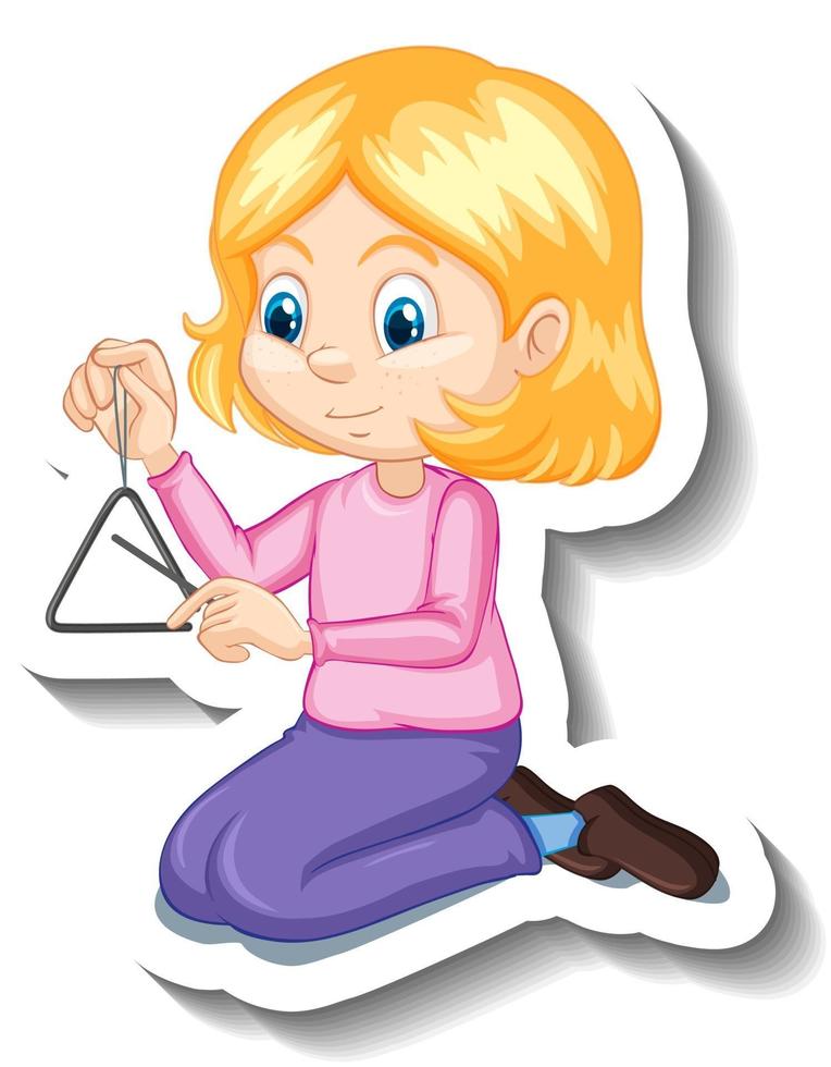 Adesivo de personagem de desenho animado garota tocando instrumento musical triangular vetor