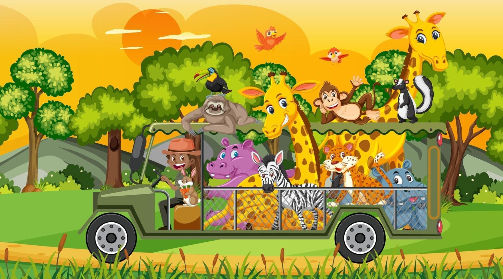 cena de safári com animais selvagens no carro gaiola vetor