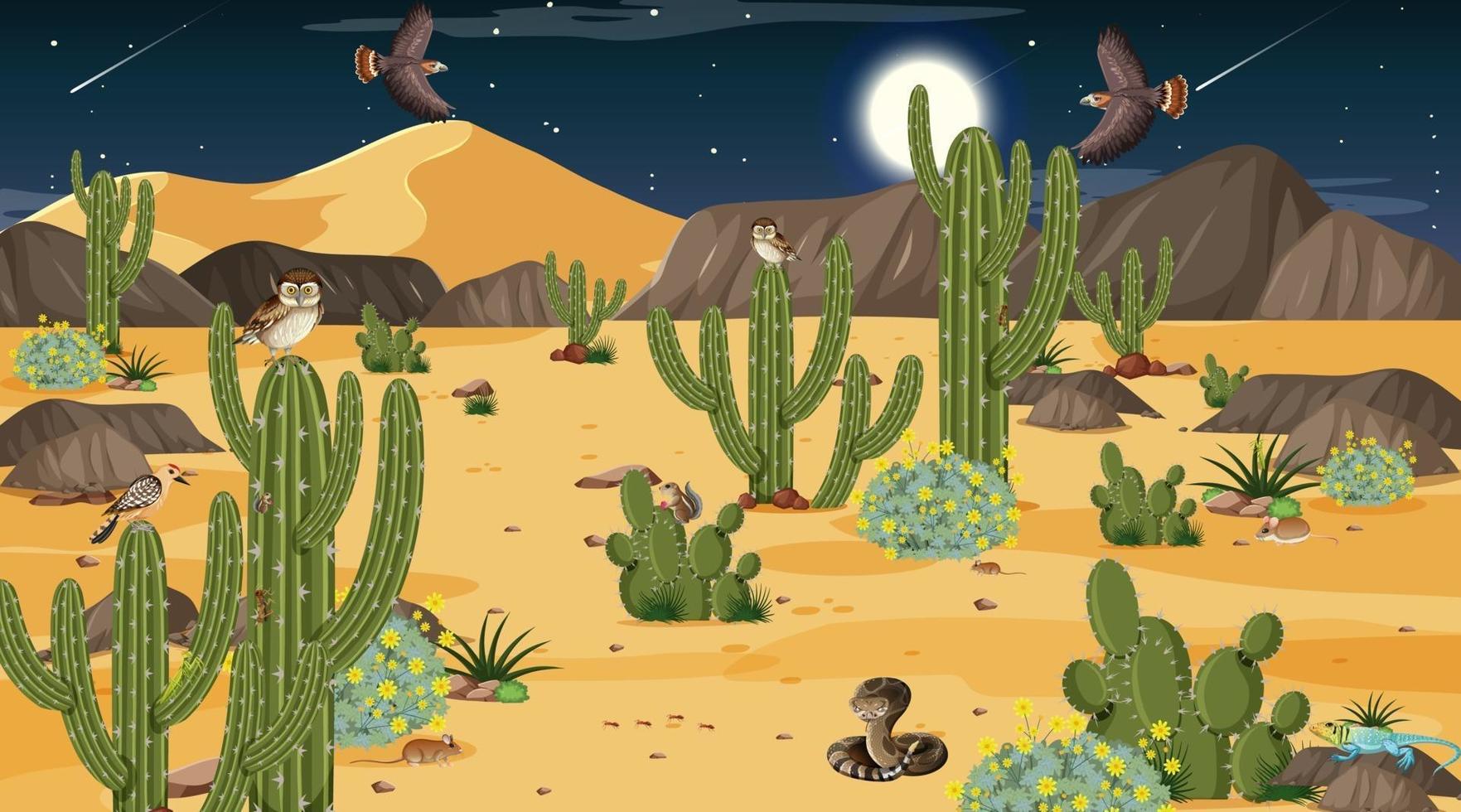 paisagem da floresta do deserto à noite com animais e plantas do deserto vetor