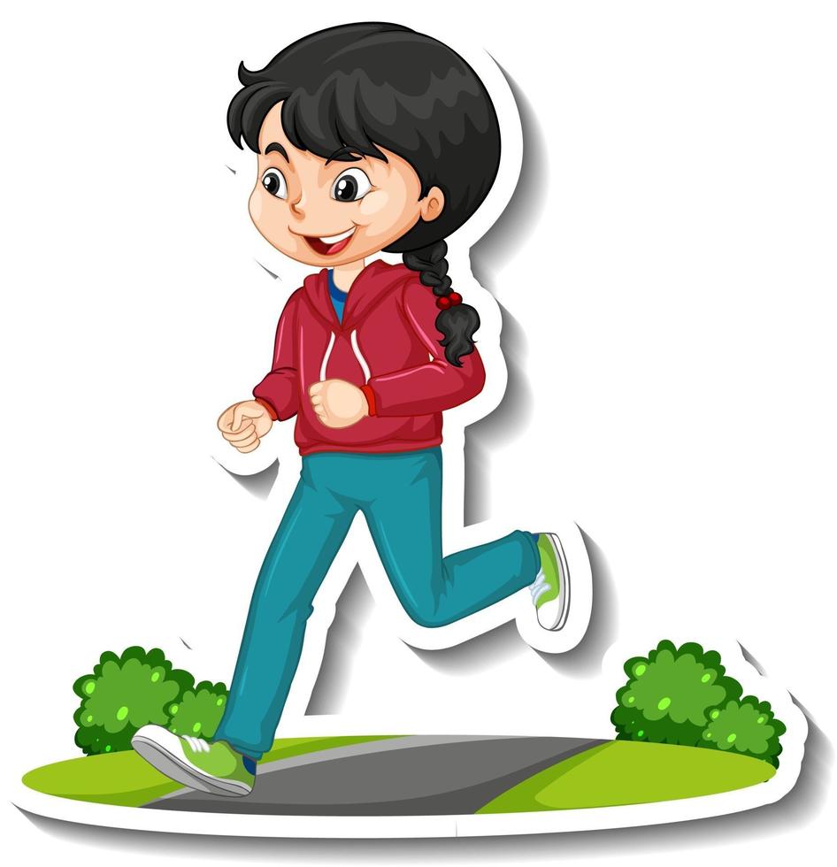 Adesivo de personagem de desenho animado com uma garota correndo no fundo branco vetor