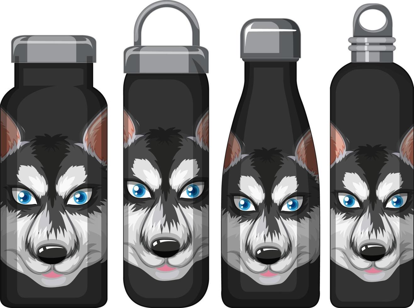conjunto de diferentes garrafas térmicas pretas com padrão de husky siberiano vetor