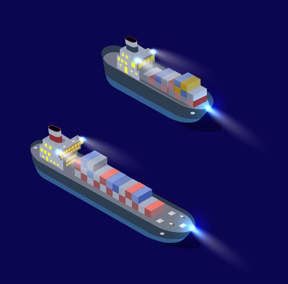 isométrico navio contêiner de carga e noite industrial vetor