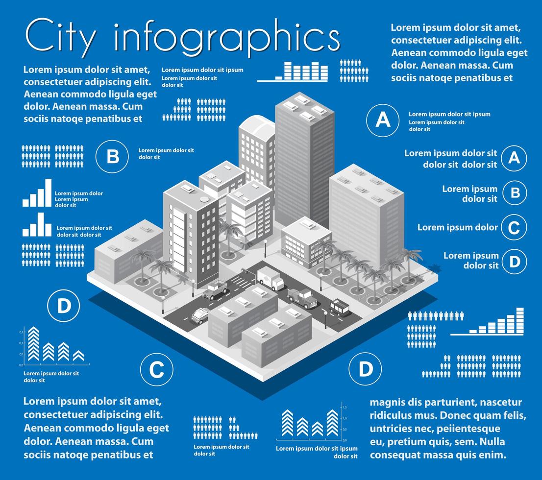 Conjunto de infográfico de indústria de mapa de cidade isométrica, com transporte vetor