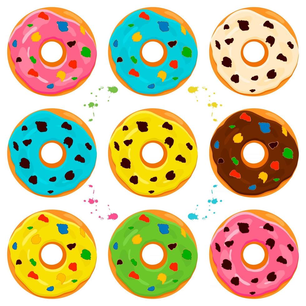 ilustração no tema grande conjunto de diferentes tipos de rosquinhas pegajosas vetor