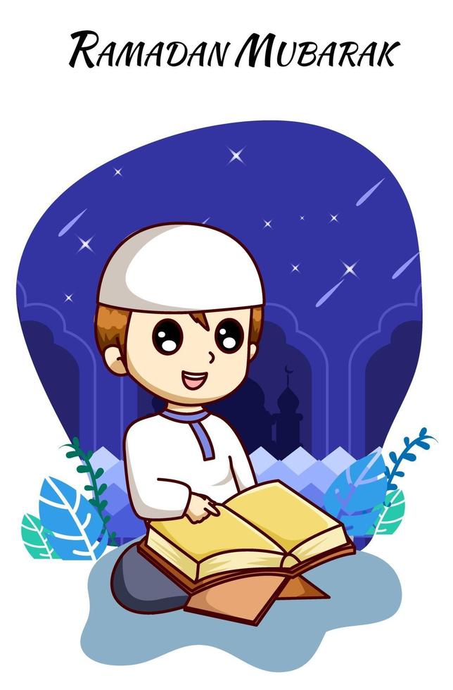 menino muçulmano fofo e feliz lendo al Alcorão vetor