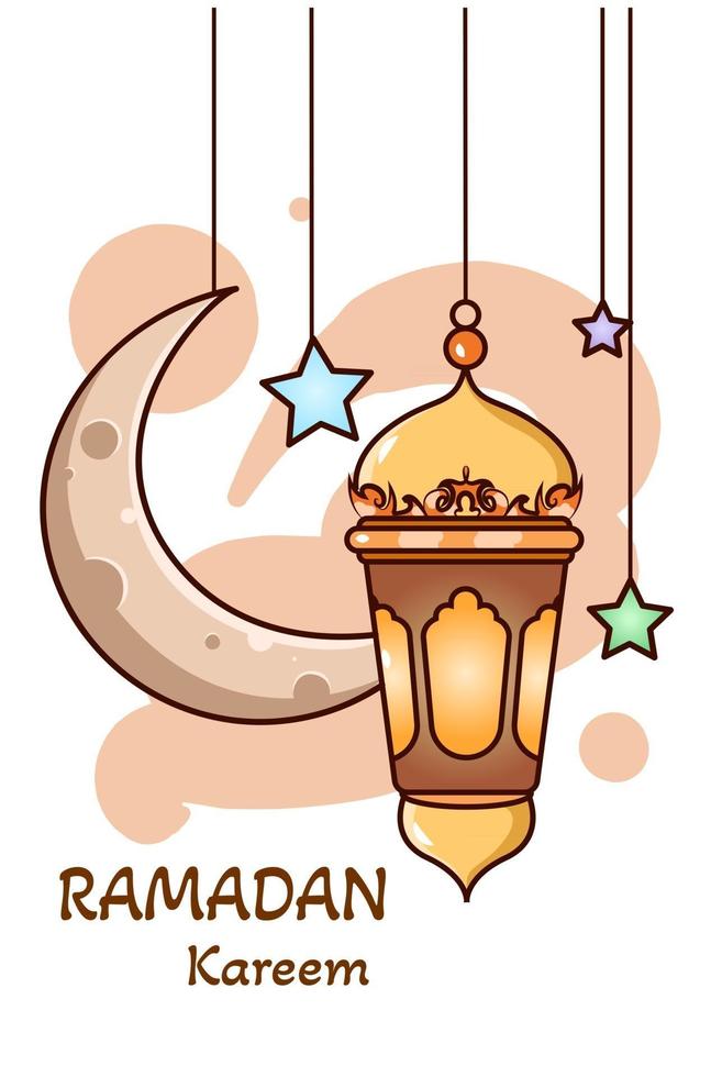 lua e lanterna decoração ícone ramadan kareem ilustração dos desenhos animados vetor