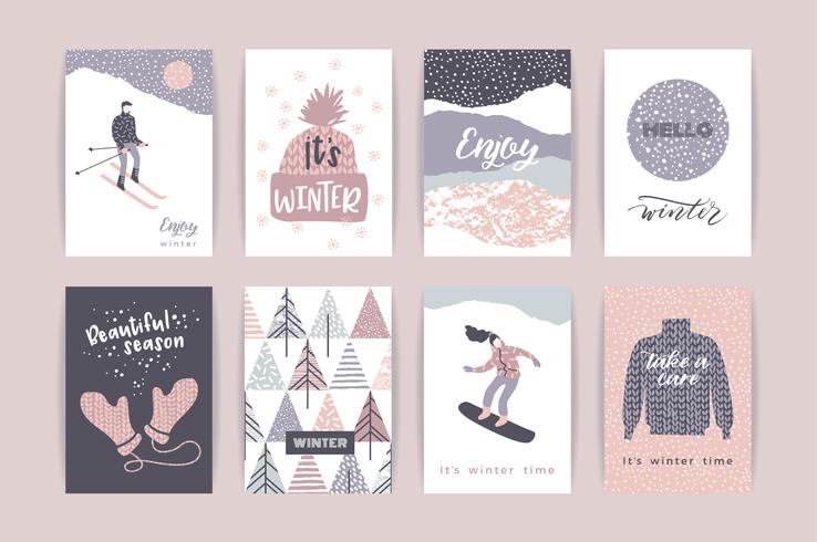 Conjunto de cartões artísticos criativos de inverno. vetor