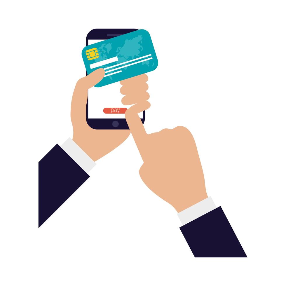 comércio eletrônico on-line empresarial com as mãos usando smartphone e cartão de crédito vetor