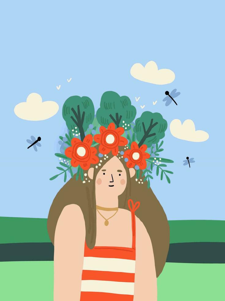 fofa menina personagem dentro mão desenhado estilo dentro vermelho camiseta com natural guirlanda, espírito do a Primavera personagem dentro a parque. fofa fêmea Primavera retrato em luz natureza fundo vetor