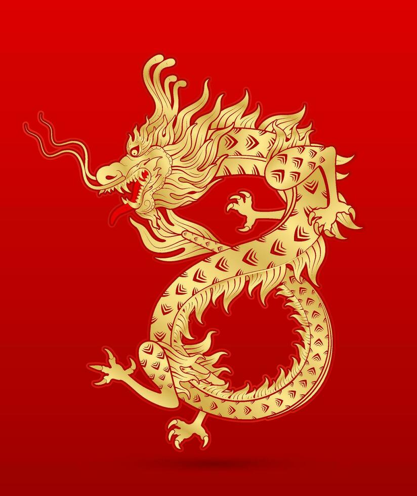 tradicional chinês Dragão ouro zodíaco placa número 8 infinidade isolado em vermelho fundo para cartão Projeto impressão meios de comunicação ou festival. China lunar calendário animal feliz Novo ano. vetor ilustração.