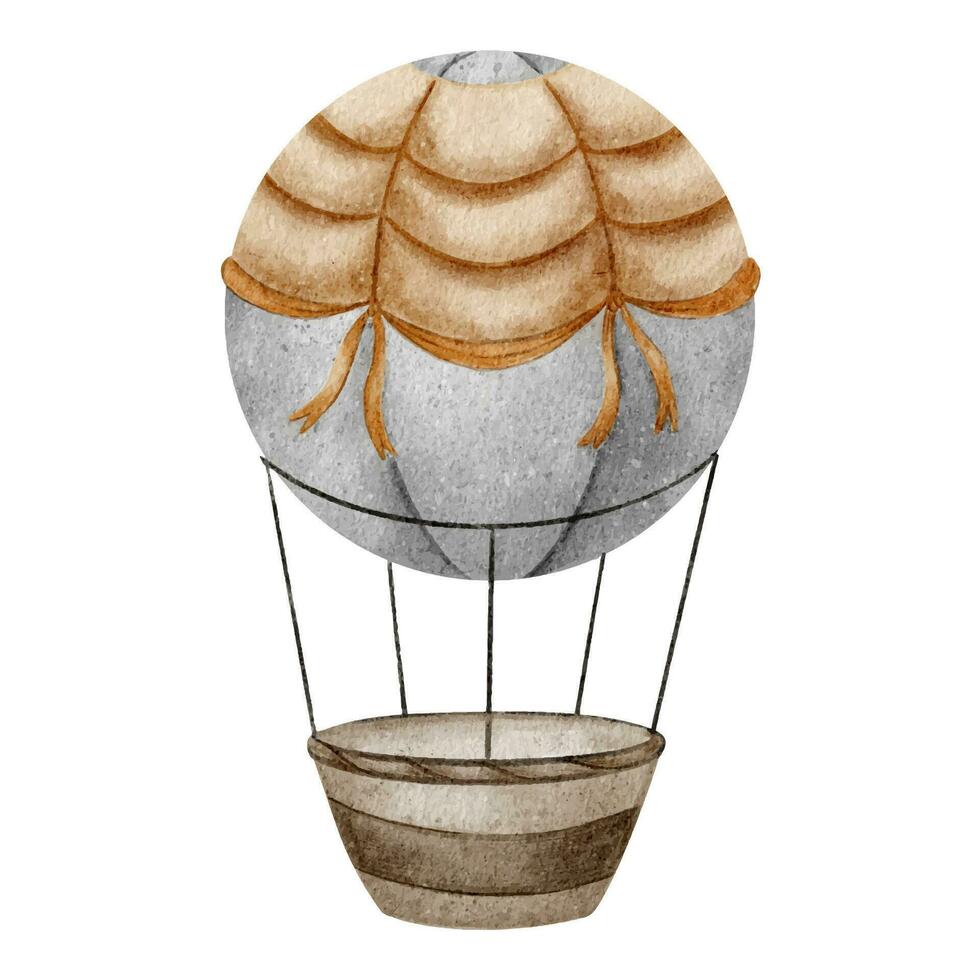 listrado bege quente ar balão com cesta. fofa bebê aeronaves. aguarela mão desenhado ilustração. isolado. Projeto para criança bens, roupas, cartões postais, bebê chuveiro e crianças quarto vetor