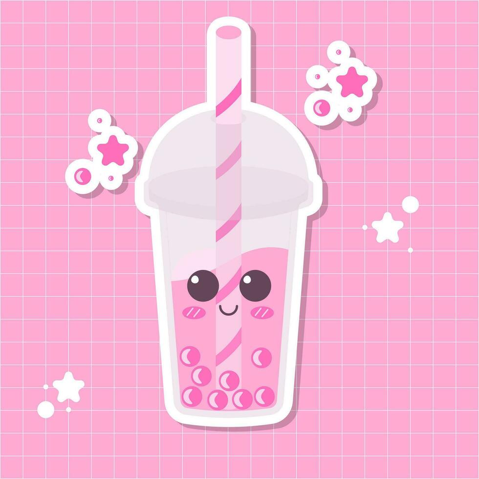 vetor ilustração bolha chá com Rosa tapioca bolas com fofa olhos e bochechas com estrelas em volta. resfriamento verão beber ásia cozinha.