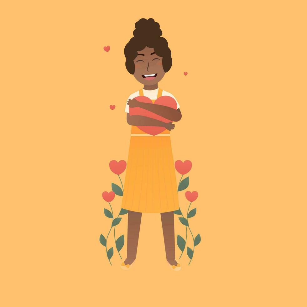 pequeno menina abraçando gigante coração dentro desenho animado estilo, amor você mesmo conceito, amor flores crescendo em laranja fundo vetor