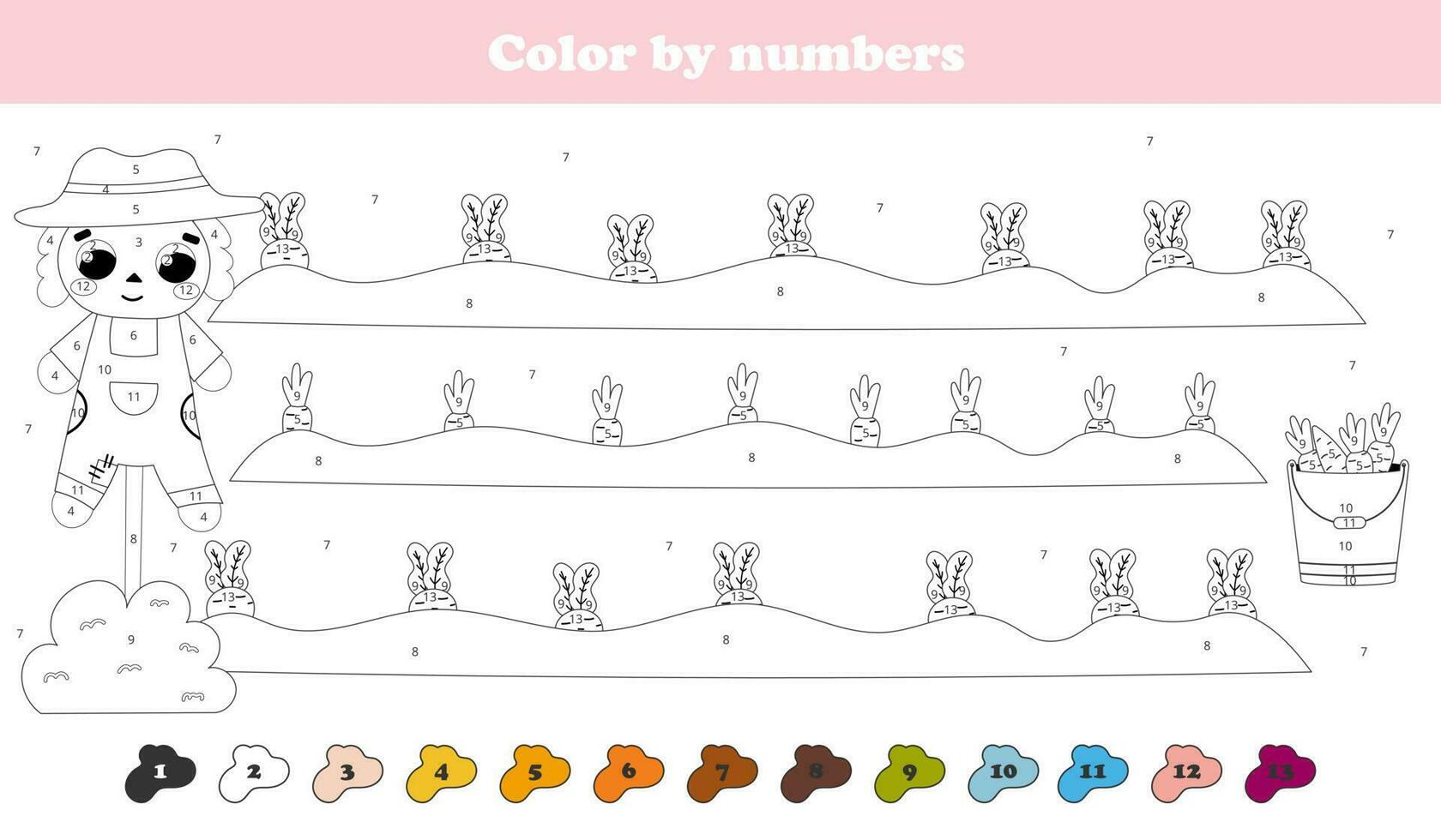 cor de números página com fofa espantalho e colheita - cenouras e beterraba raízes, imprimível planilha para crianças vetor