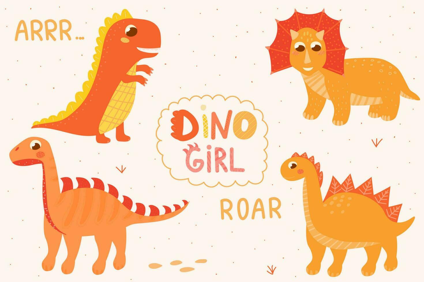 fofa menina conjunto do dinossauro para bebê banho, escandinavo estilo letras, bebê personagem para criança livros vetor