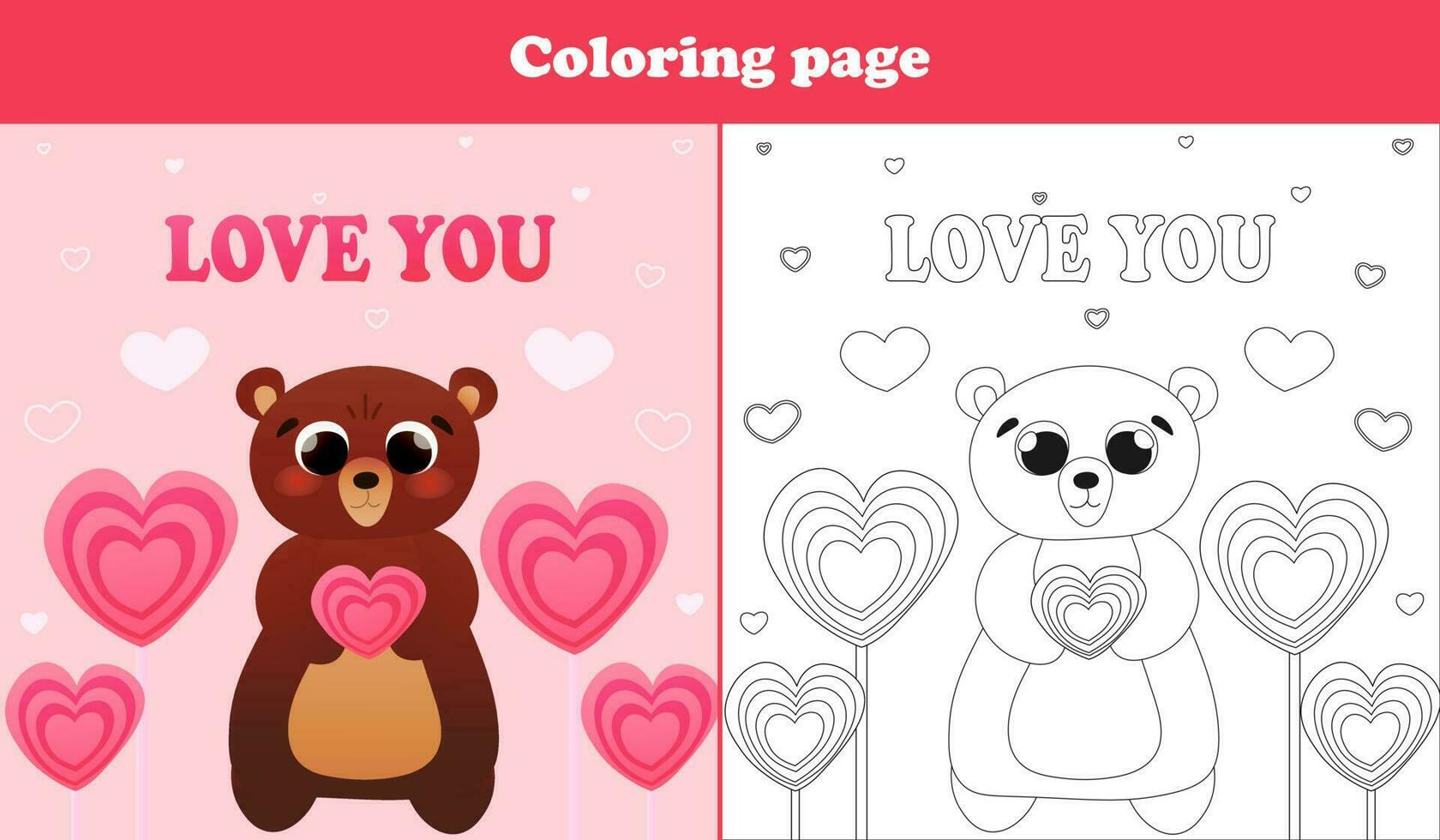 imprimível planilha com coloração página para namorados dia com fofa Urso personagem segurando coração doce e doce árvores dentro desenho animado estilo vetor