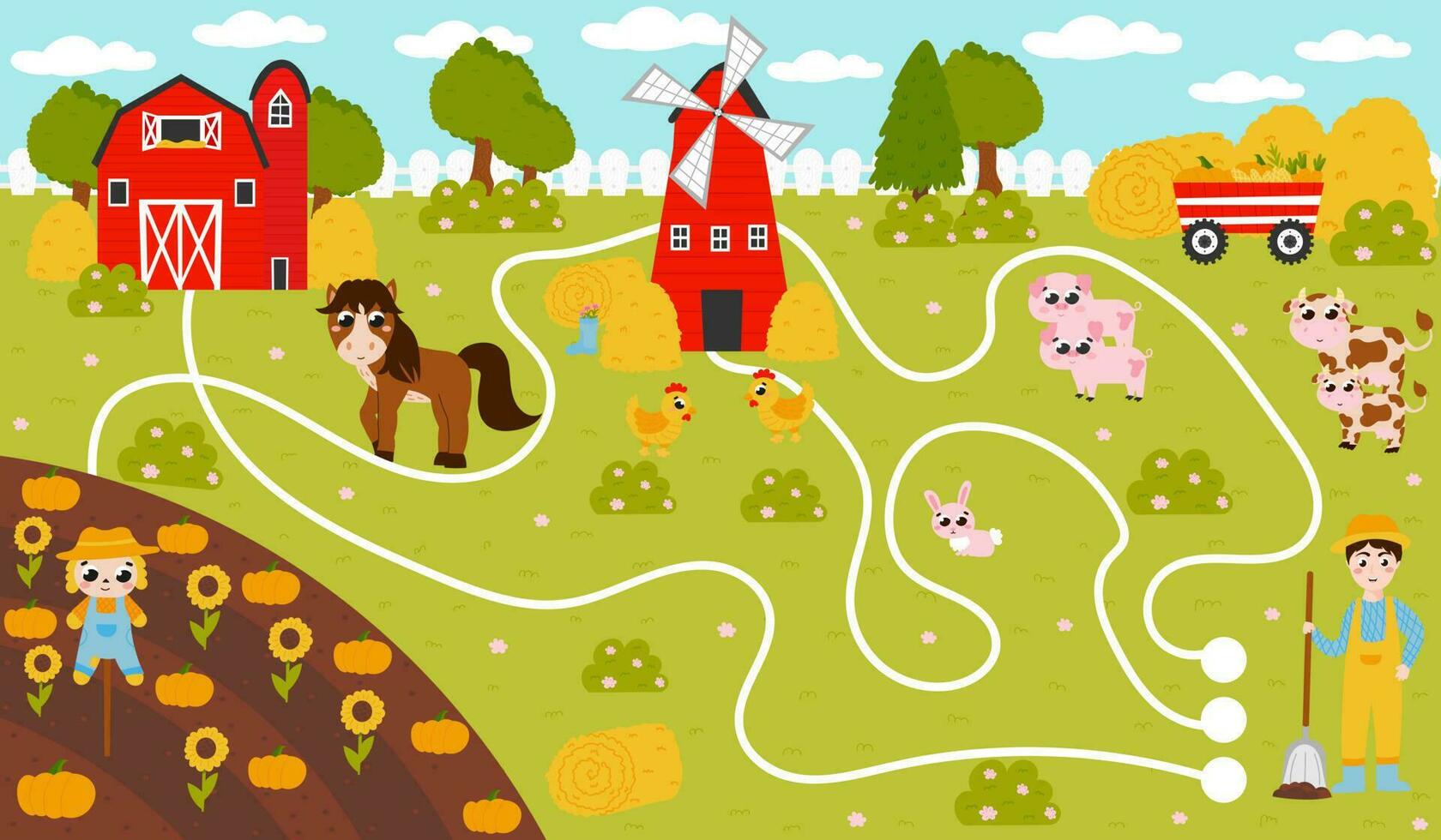 encontrar caminho jogos para crianças com agricultor e cavalo, celeiro e moinho de vento, colheita e animais, imprimível planilha vetor