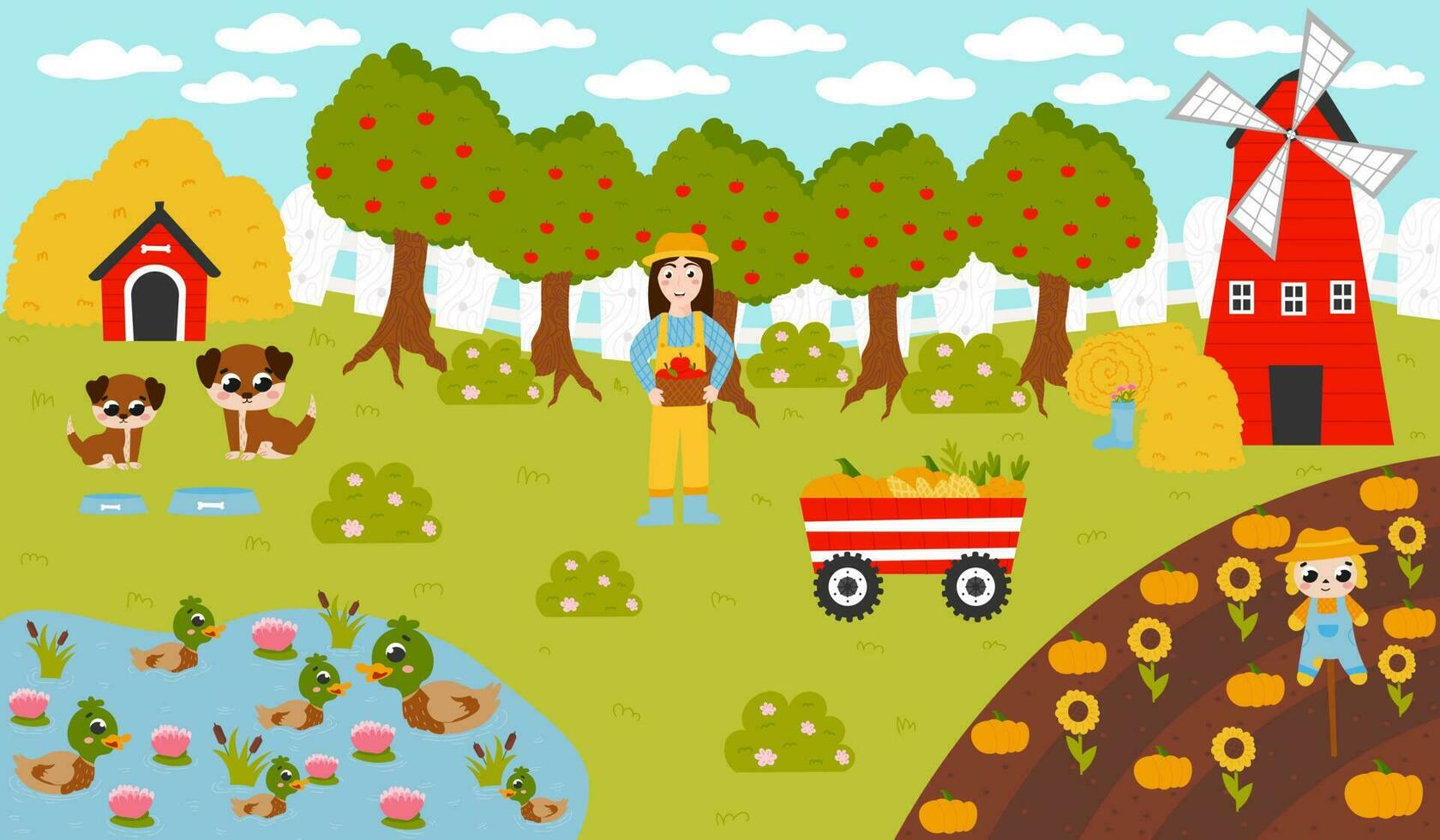 imprimível Fazenda poster com vento e palheiros, menina agricultor segurando cesta com maçãs, lagoa com patos e cachorros vetor