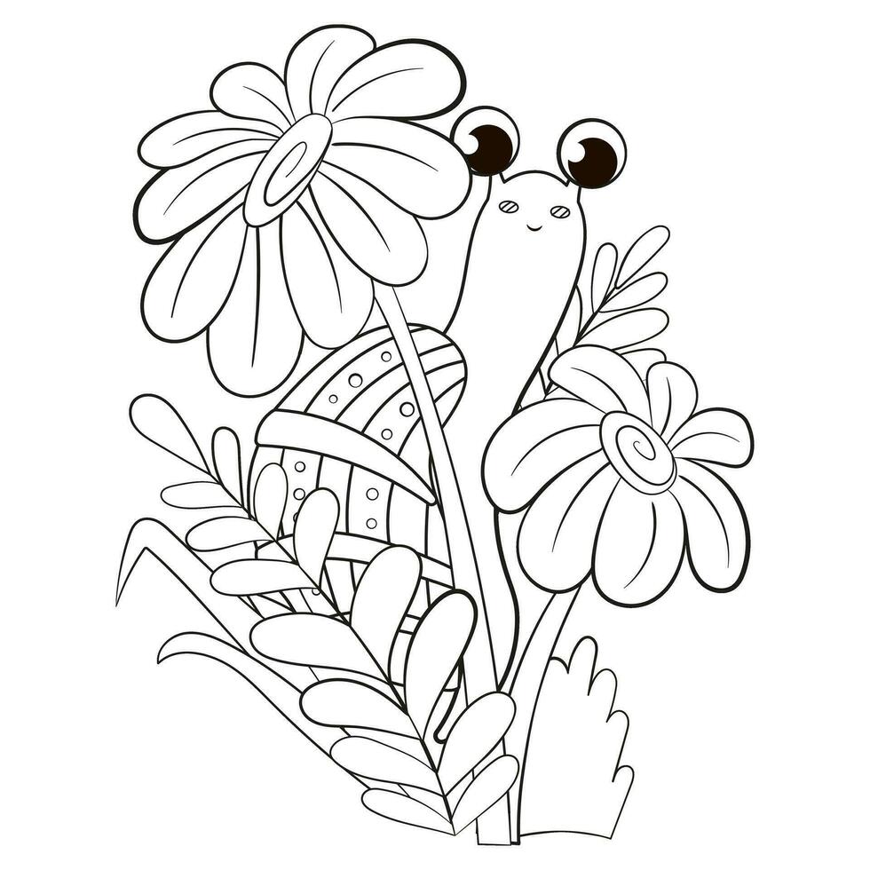 coloração página com fofa Caracol com margarida flores dentro Relva para crianças vetor