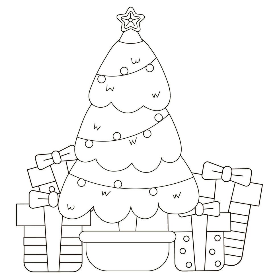 fofa coloração página com kawaii Natal árvore e presente caixas vetor