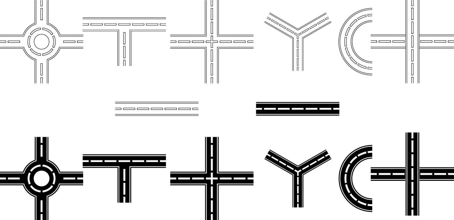 esboço silhueta interseção estrada ícone set.street junção elementos vetor