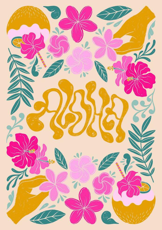 aloha - na moda líquido mão escrito letras citar. floral folhas decorativo elementos, flores, botões. texturizado linogravura estilo mão desenhado ornamento. vetor
