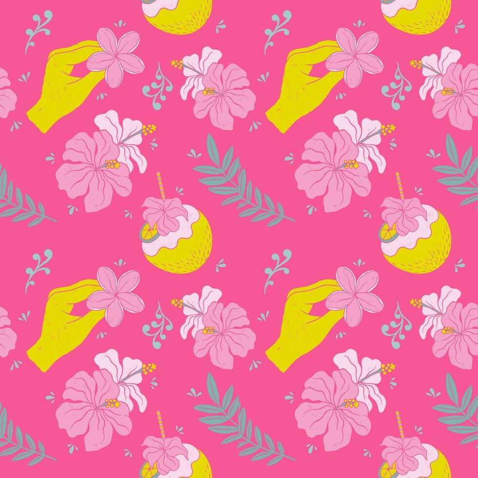 mão desenhado coco, hibisco e tropical flores desatado padronizar. texturizado linóleo cortar estilo verão ilustrações pano de fundo. brincalhão fofa brilhante amarelo e Rosa cores papel de parede. vetor