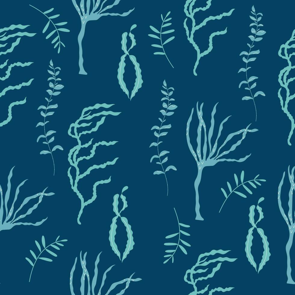 simples desatado padronizar com azul mão desenhado algas em Sombrio fundo. vetor
