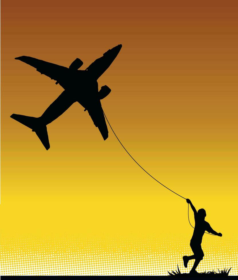 surrealista vetor ilustração do Garoto vôo uma avião, Como E se isto estavam uma pipa.